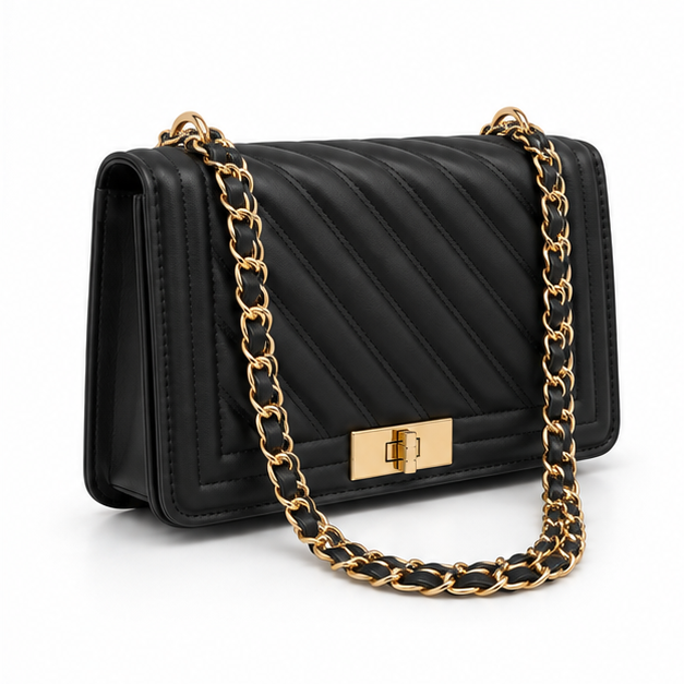 Black Quilted Gold Chain Shoulder Bag-1