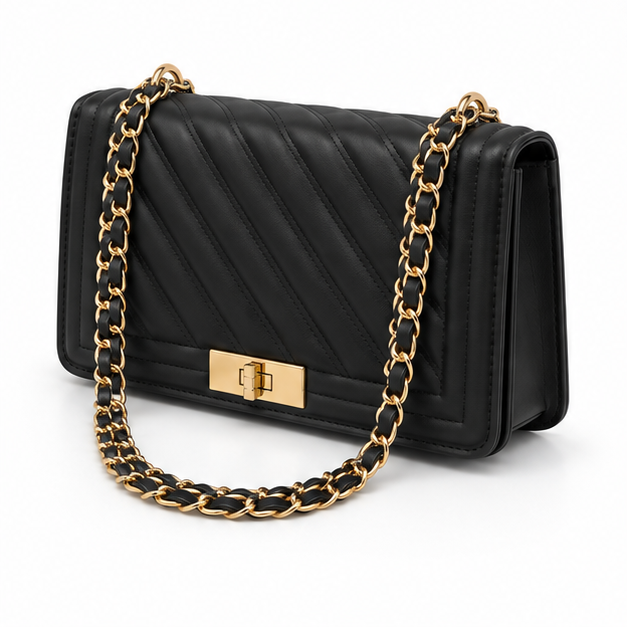 Black Quilted Gold Chain Shoulder Bag-3