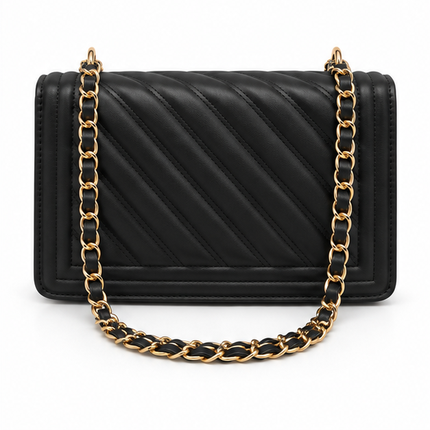 Black Quilted Gold Chain Shoulder Bag-2