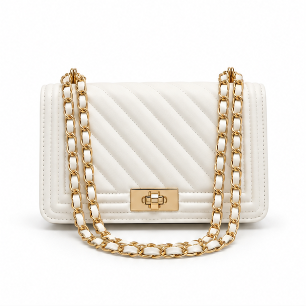 White Quilted Gold Chain Shoulder Bag-4