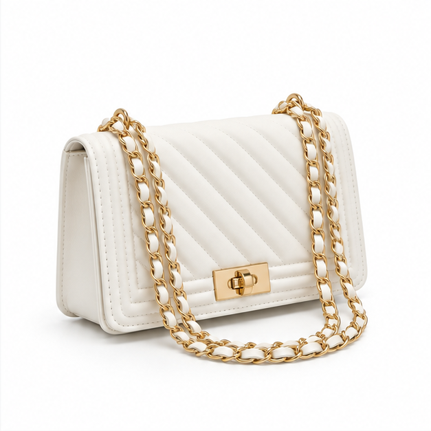 White Quilted Gold Chain Shoulder Bag-1