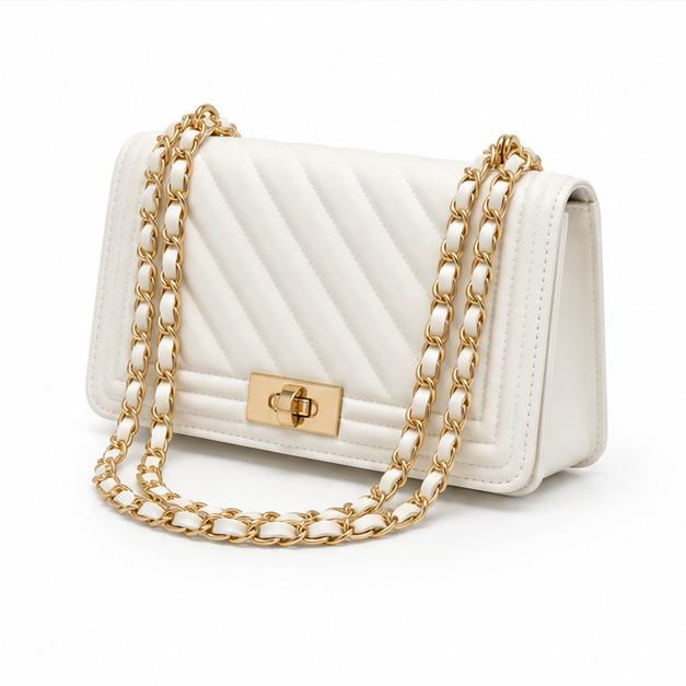 White Quilted Gold Chain Shoulder Bag-3
