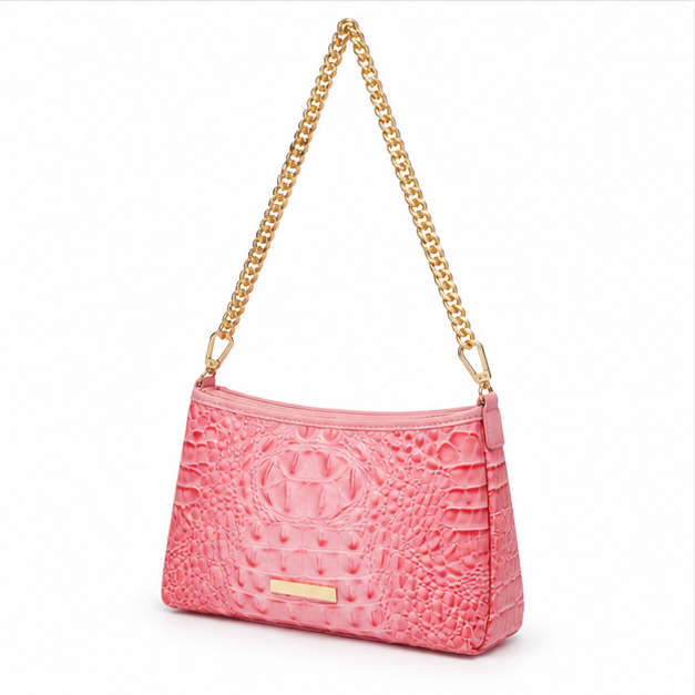 Pink Crocodile Texture Gold Chain Handbag-3