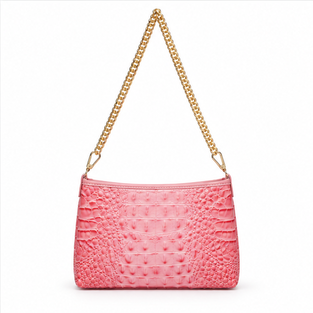 Pink Crocodile Texture Gold Chain Handbag-2