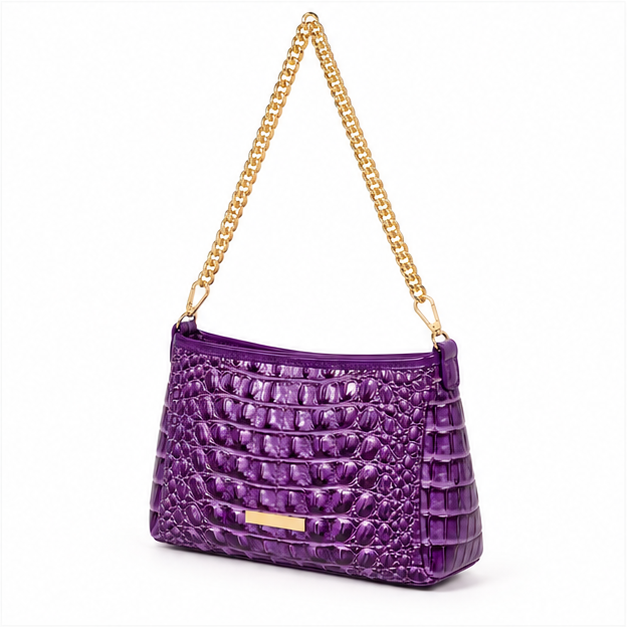 Purple Crocodile Embossed Gold Chain Shoulder Bag-3