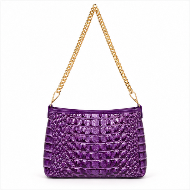 Purple Crocodile Embossed Gold Chain Shoulder Bag