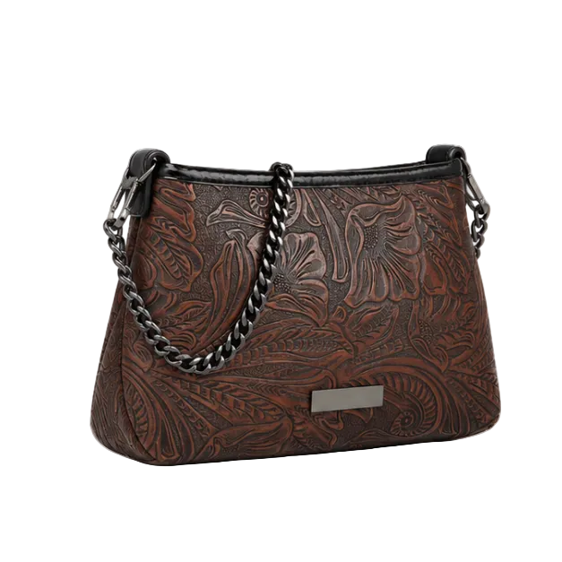 Embossed Floral Chain Shoulder Crossbody Bag