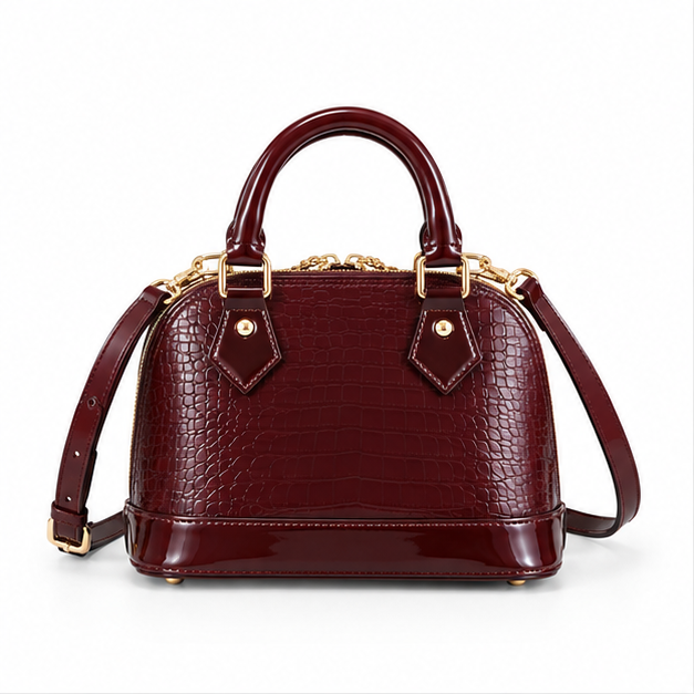 Glossy Burgundy Croc Embossed Handbag Satchel-4