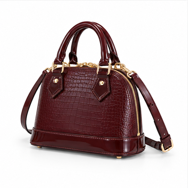 Glossy Burgundy Croc Embossed Handbag Satchel-3