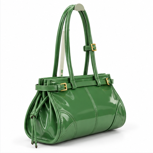Glossy Green Structured Buckle Shoulder Bag