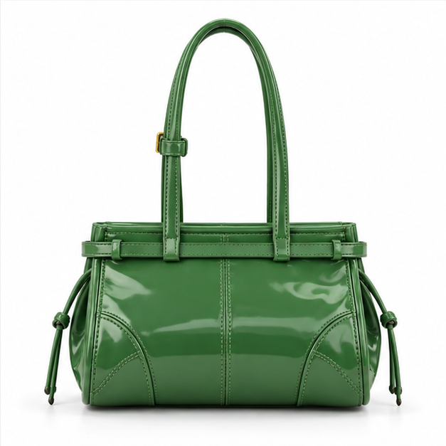 Glossy Green Structured Buckle Shoulder Bag