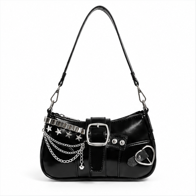 Gothic Chain Buckle Black Shoulder Bag-4