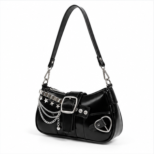 Gothic Chain Buckle Black Shoulder Bag-3