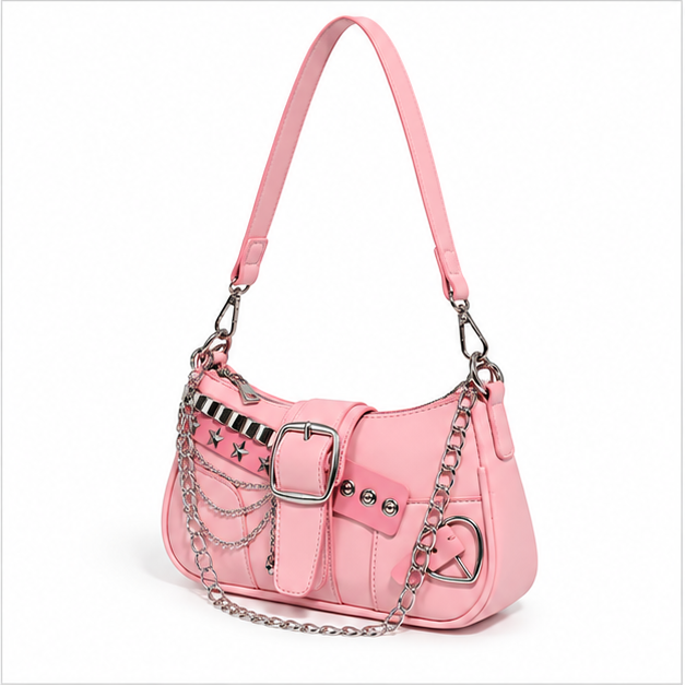 Pink Chain Buckle Shoulder Handbag Purse-3