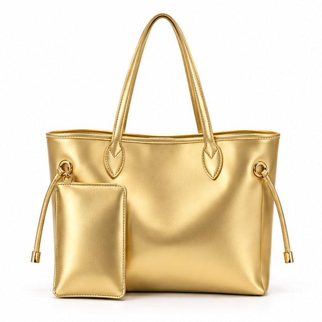 Metallic Gold Tote Bag With Pouch-4