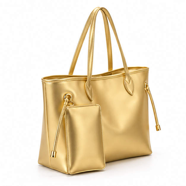 Metallic Gold Tote Bag With Pouch-1