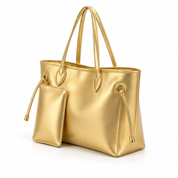 Metallic Gold Tote Bag With Pouch-3