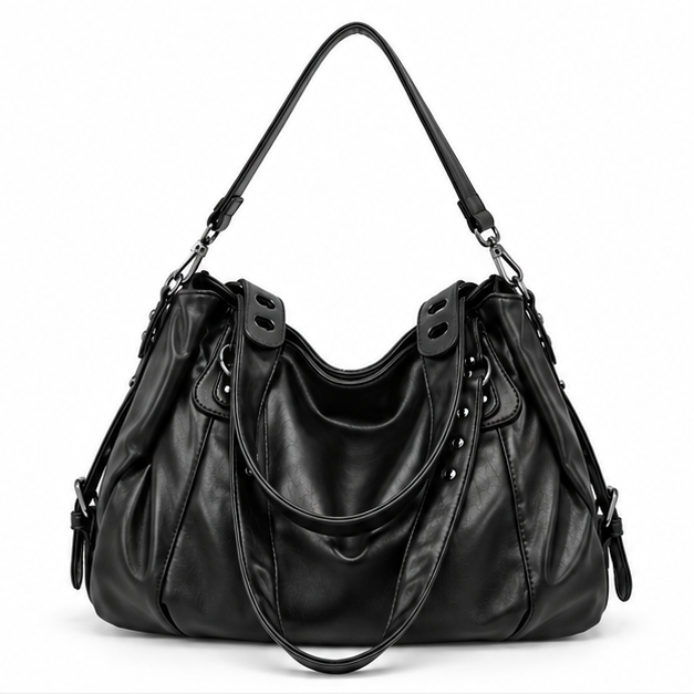 Black Slouchy Multi-Strap Shoulder Tote Bag-4
