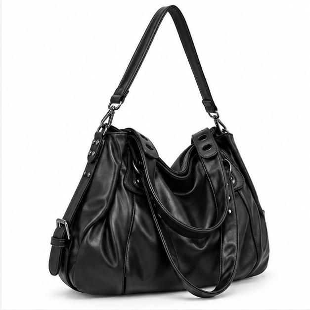 Black Slouchy Multi-Strap Shoulder Tote Bag-1