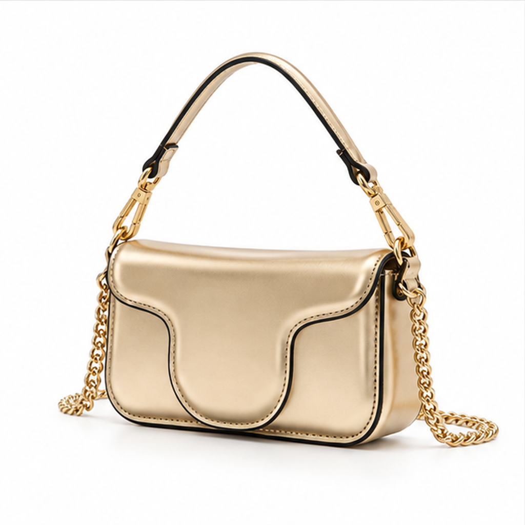 Metallic Gold Sculpted Flap Chain Handbag-3