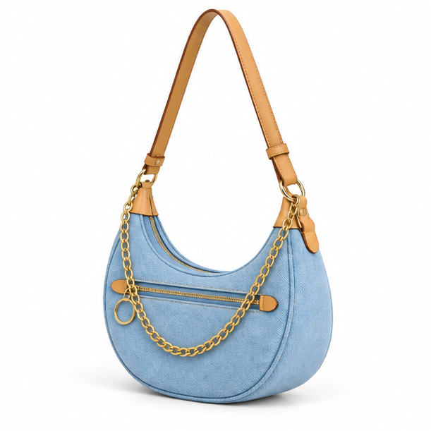 Light Blue Denim Crescent Shoulder Bag-3