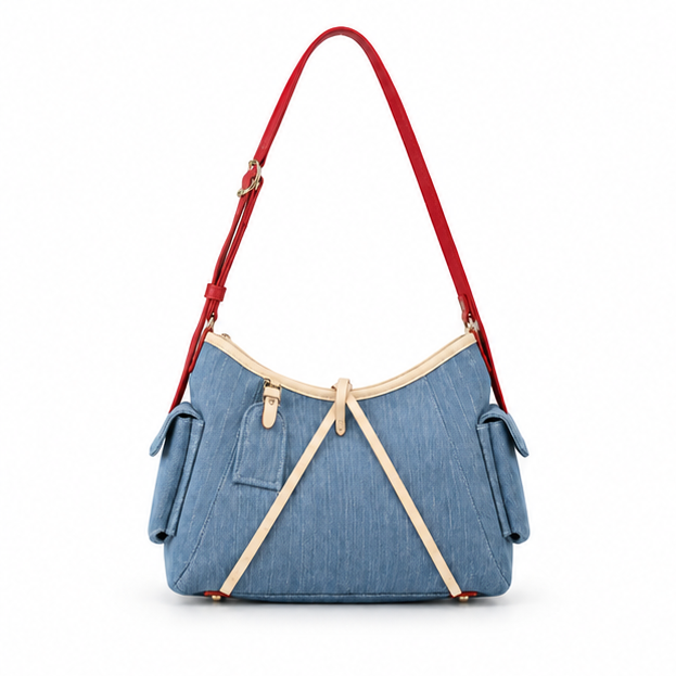 Blue Denim Contrast Strap Shoulder Bag-4