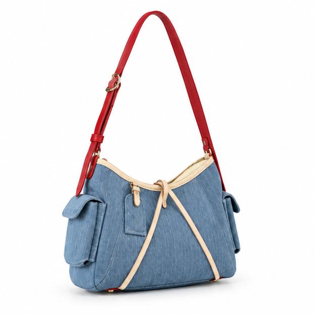 Blue Denim Contrast Strap Shoulder Bag-1