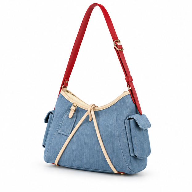 Blue Denim Contrast Strap Shoulder Bag-3