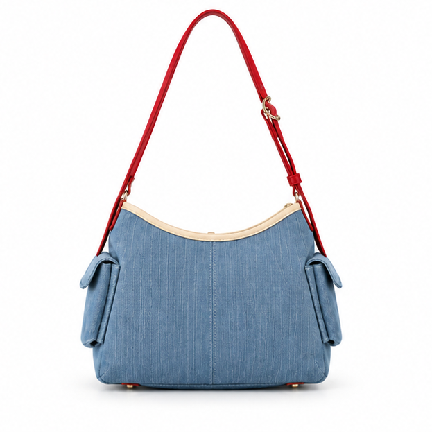 Blue Denim Contrast Strap Shoulder Bag-2