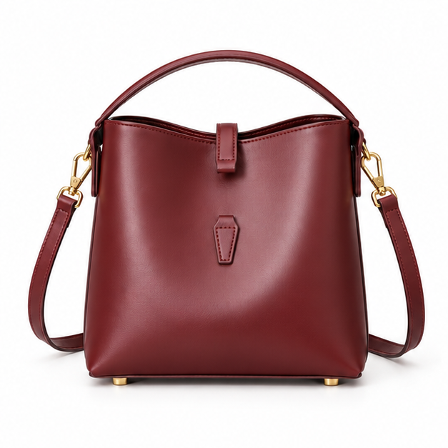 Elegant Burgundy Leather Shoulder Bucket Handbag-4