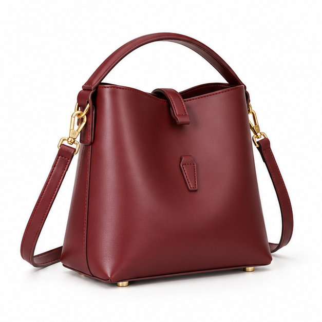 Elegant Burgundy Leather Shoulder Bucket Handbag-1