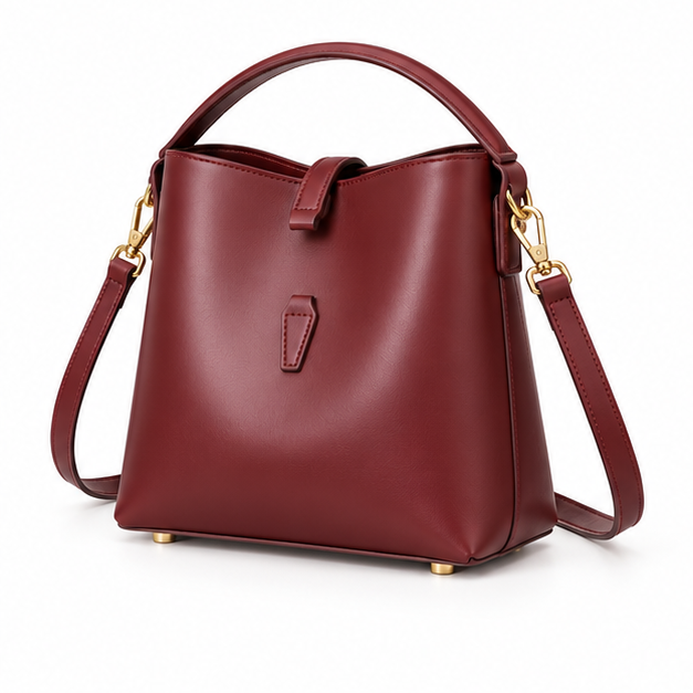 Elegant Burgundy Leather Shoulder Bucket Handbag-3