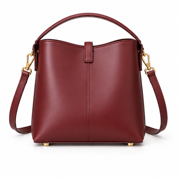 Elegant Burgundy Leather Shoulder Bucket Handbag-2
