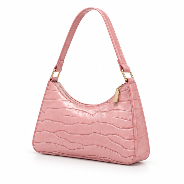 Pink Croc Texture Shoulder Handbag Purse-3