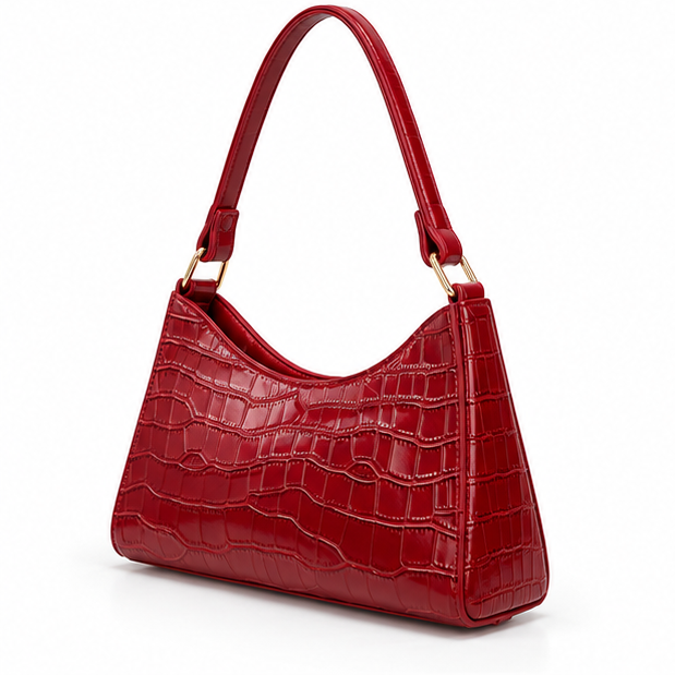Red Croc Embossed Shoulder Handbag Purse-4