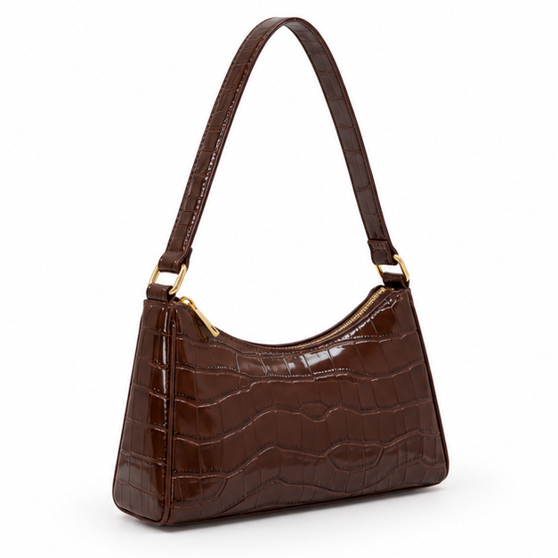 Glossy Croc Embossed Brown Shoulder Bag-1