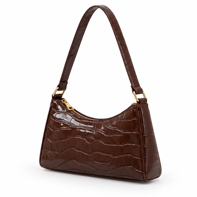 Glossy Croc Embossed Brown Shoulder Bag-3