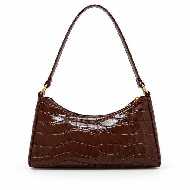 Glossy Croc Embossed Brown Shoulder Bag-2