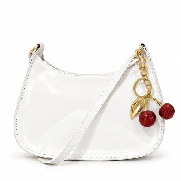 Glossy White Cherry Charm Shoulder Bag-4