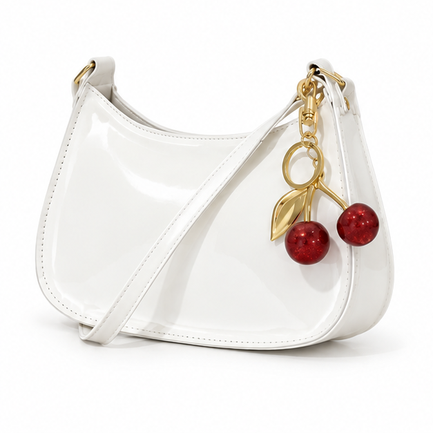 Glossy White Cherry Charm Shoulder Bag-3
