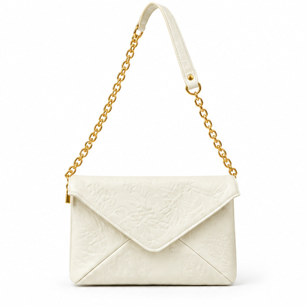 Ivory Embossed Envelope Chain Shoulder Bag-4