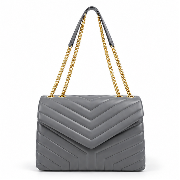 Elegant Grey Quilted Chain Shoulder Bag-4
