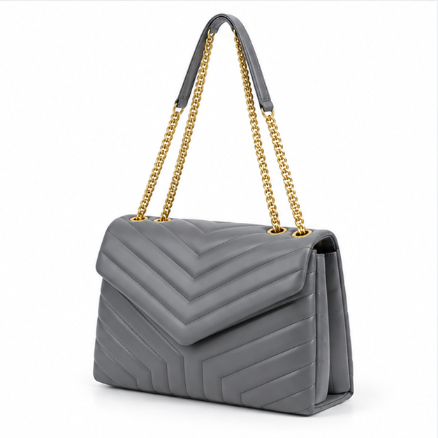 Elegant Grey Quilted Chain Shoulder Bag-3