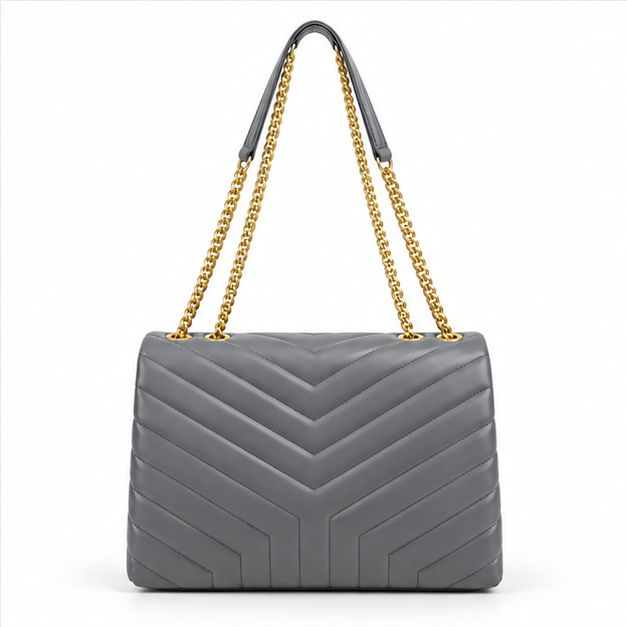 Elegant Grey Quilted Chain Shoulder Bag-2