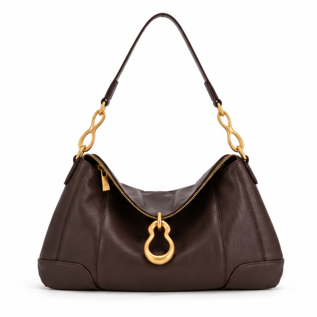 Chocolate Brown Gold Chain Hobo Bag-4