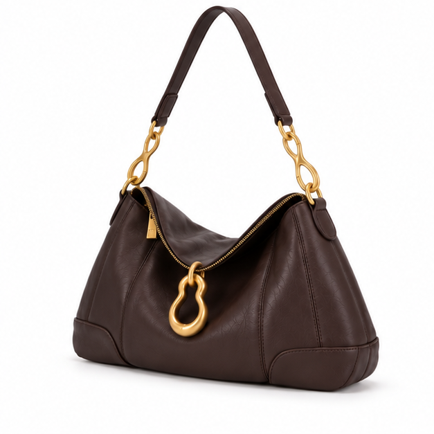 Chocolate Brown Gold Chain Hobo Bag-3