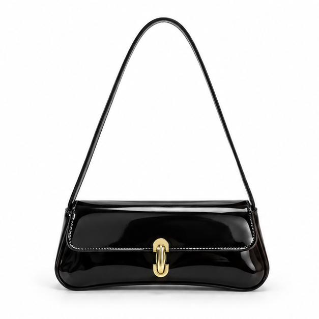Glossy Black Patent Shoulder Baguette Bag-4