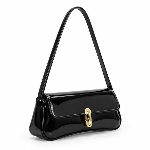Glossy Black Patent Shoulder Baguette Bag-1