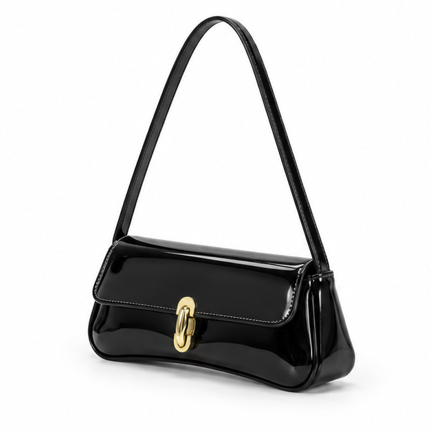 Glossy Black Patent Shoulder Baguette Bag-3