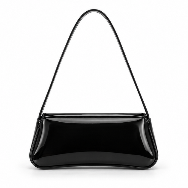 Glossy Black Patent Shoulder Baguette Bag-2